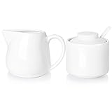 ONTUBE Porcelain Sugar and Creamer Set of 3,Cream Pitcher, Spoon, Sugar Bowl with Lid,Cream (White)