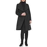 Calvin Klein Women's Ring Snap Detail Asymmetrical Closure Stand Collar Welt Pockets Coat, Black, Large