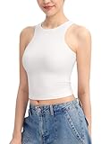 PUMIEY White Tank Tops for Women High Neck Sleeveless Crop Tops Double Lined Basic Tops, Splashed White Large