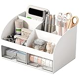 COMFYROOM Desk Organizer and Accessories with 6 Compartments and 2 Drawers, Plastic Makeup Organizer, Pen Holder for Desktop Storage, Desk Organization for School, Home, Office Supplies (White)