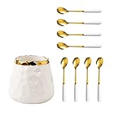 Fvstar Coffee Spoons Set,Dessert Spoons Set with Holder,Ceramic Jar with 8 Spoons,Ceramic and Metal Flatware Set,Creative Tea Spoon Set for Coffee,Dessert,Party (White- 8pcs Spoons)