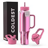 Coldest Tumbler with Handle and Straw Lid | 3 Lids Insulated Reusable Stainless Steel Water Bottle Travel Mug | Gifts for Women Him Her | Limitless Collection (46 oz, Pink Reflections)