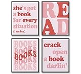 ULEGIE Vintage Book Reading Wall Art Decor Set of 4, Reading Posters for Classroom Library, Book Club Decorations, Book Wall Art Prints for Reading Corner Classroom, 8x10 Inch Unframed(Rose Red)