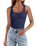 ZESICA Women's Sleeveless Tank Tops Summer Scoop Neck Ribbed Knit Slim Fitted Casual Basic Tee Shirts,Navy,Medium