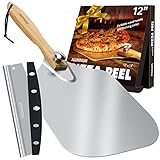 Pizza Peel Aluminum Pizza Spatula, Mooues 12 inch Metal Pizza Paddle(12'x 14')with Rocker Cutter Foldable Wood Handle, [Storage bag included], for Family Pizza Oven Baking Pizza, Dough, Bread & Pastry