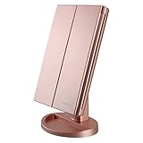 deweisn Dresser Mount Tri-Fold Lighted Vanity Mirror with 21 LED Lights, Touch Screen and 3X/2X/1X Magnification, Two Power Supply Modes Make Up Mirror,Travel Mirror