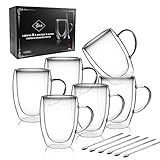 LIBWYS 6 Pack Double Walled Coffee Cups Glasses Mugs, 12oz Espresso Cappuccino Latte Tea Cups with Handle, Heat Resistant Borosilicate Clear Glasses 350ml