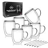 LIBWYS 6 Pack Double Walled Coffee Cups Glasses Mugs, 12oz Espresso Cappuccino Latte Tea Cups with Handle, Heat Resistant Borosilicate Clear Glasses 350ml