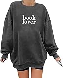 MOUSYA Book Lover Embroidered Sweatshirt Women Funny Reading Book Long Sleeve Shirt Casual Teacher Pullover Tops Dark Grey