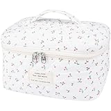 Large Travel Quilted Makeup Bag for Women,Big Floral Cotton Cosmetic Bag, Cute Coquette Aesthetic Floral Toiletry Organizer Bag (White Cherry)