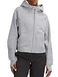 LASLULU Womens Fuzzy Cropped Hoodies Sport Athletic Zip Up Hoodie Stand Collar Sweater Fleece Lined Sweatshirt Long Sleeve Pullover Tops Pockets(Light Grey-Large)