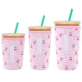 3 Pack Reusable Sleeve for Iced Coffee Cup, Coffee Neoprene Sleeve for Iced&Hot Drinks, Coffee Sleeve Compatible with Starbucks, Dunkin Coffee Cup. (Cherry&Daisy)