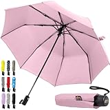 Gorilla Grip Windproof Compact Stick Umbrella for Rain, One-Click Automatic Open and Close, Strong Reinforced Fiberglass Ribs, Easily Collapsible, Lightweight Portable Umbrellas for Travel, Pink