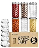 VERONES Wide Mouth Mason Jars 22 oz, 22 OZ Mason Jars Canning Jars Jelly Jars With Wide Mouth Lids, Ideal for Jam, Honey, Wedding Favors, Shower Favors, 6 PACK,EXTRA 6 Lids with Straw Hole