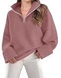 ZESICA Women's 2024 Winter Long Sleeve 1/4 Zipper V Neck Loose Fuzzy Knitted Chunky Warm Pullover Sweater Jumper Tops,Fuchsia,Medium