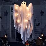 JOYIN Halloween Hanging Light up Ghost with Spooky Warm White LED Light, 47” White Hanging Ghosts, Halloween Hanging Decoration for Front Yard Patio Lawn Garden Party Decor Indoor Outdoor