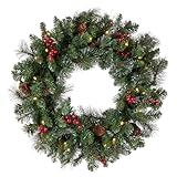 National Tree Company Pre-Lit Artificial Christmas Wreath, Green, Crestwood Spruce, White Lights, Decorated with Pine Cones, Berry Clusters, Frosted Branches, Christmas Collection, 24 Inches