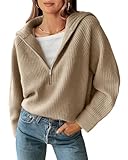 BTFBM Women's Long Sleeve V-Neck Pullover Sweater Casual Fall Winter Collar Ribbed Knit Loose Slouchy Jumper Sweaters(Solid Light Khaki, Large)