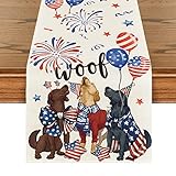 Artoid Mode Dogs Balloon American Flag 4th of July Table Runner, Holiday Memorial Day Kitchen Dining Table Decor for Indoor Outdoor Home Party Decor 13 x 72 Inch
